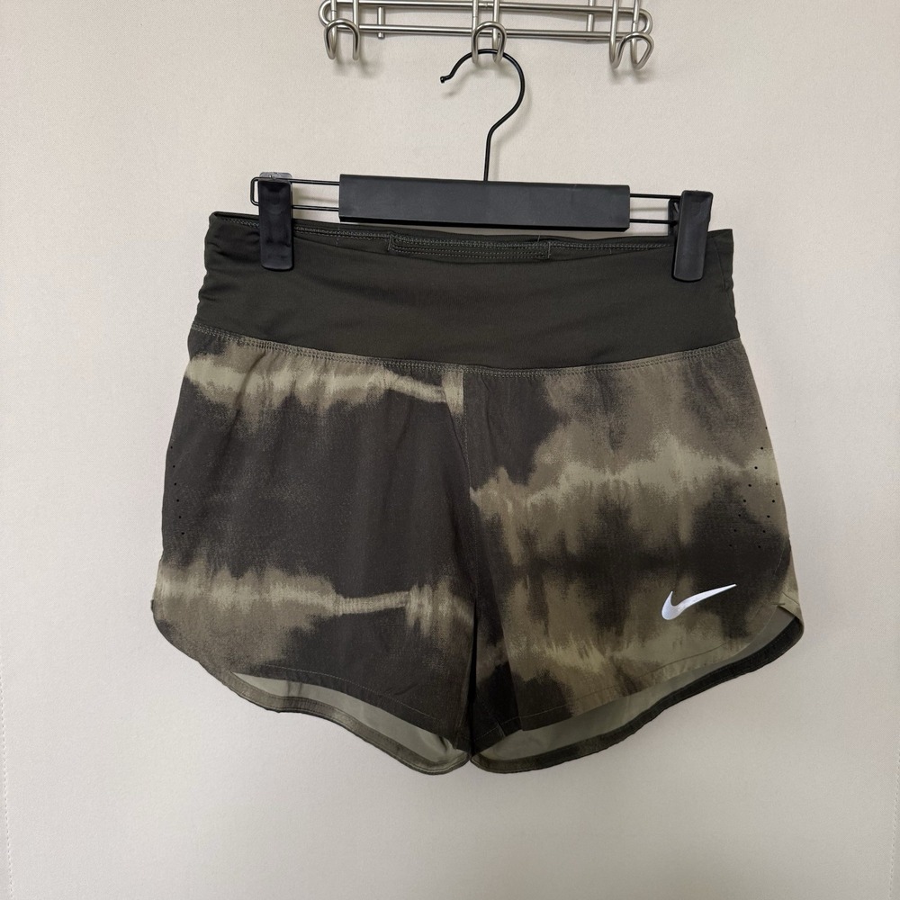 Nike Women's Small Olive Green Tie Dye Eclipse Mid Rise Dri Fit Running Shorts